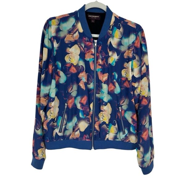 Artsy Silk Blend Floral Bomber Jacket Blue Yellow Size L Fairy Art to Wear - Picture 1 of 10